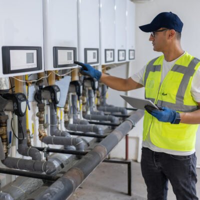 Technician Checking Heating System In The Boiler Room With Tablet In Hand