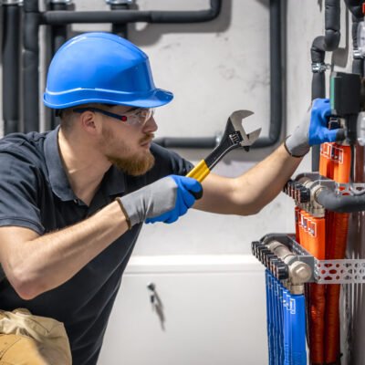 The technician checking the heating system in the boiler room. Adjusting heating valves in a residential building. A plumbing and heating technician works.